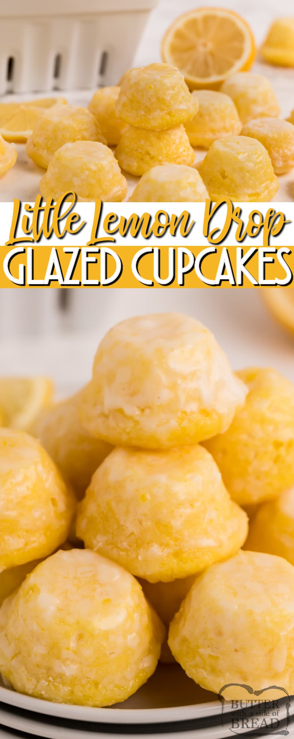 Mini Lemon Drop Cupcakes are delicious bite-sized treats that start with a lemon cake mix! The easy lemon glaze soaks into the inverted mini cupcakes and is a simple, incredibly delicious lemon cake mix recipe!