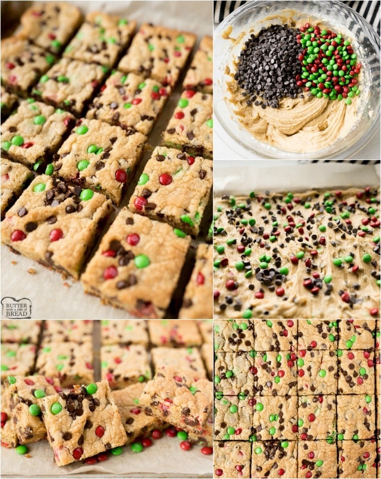 Christmas M&M Cookie Bars are a soft and tender chocolate chip cookie bar with festive green and red mini M&M's included! The soft and chewy Christmas cookie bar will be the star of the party!
