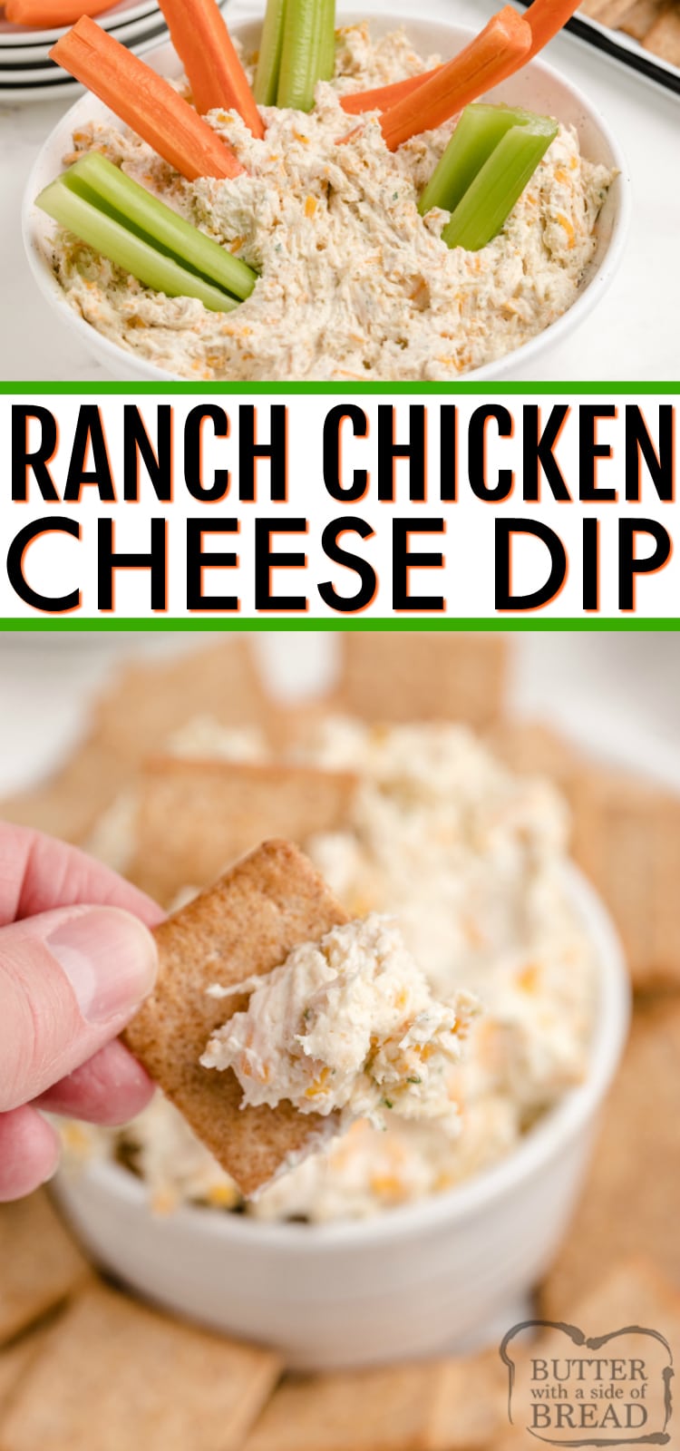 Ranch Chicken Cheese Dip is the perfect appetizer for parties! This cream cheese dip recipe is made with chicken, cream cheese, cheddar cheese and ranch dressing - that's it!