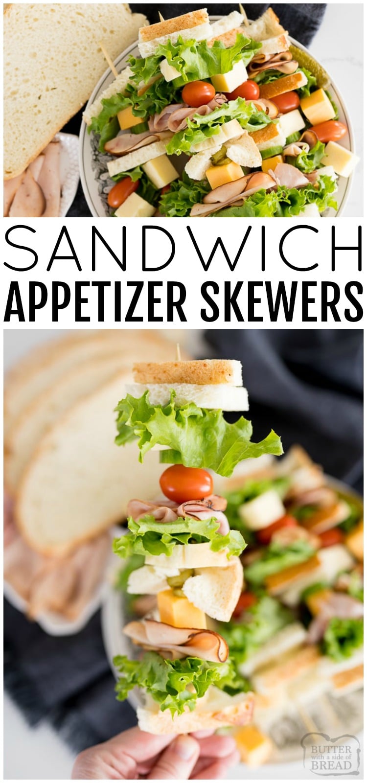 Appetizer Skewers are such a fun and easy way to serve various types of foods. Putting your sandwich onto a skewer, you are able to pack a little bit of everything you like all onto the stick. Bread, lettuce, deli meat, cheese, veggies, you name it! #sandwich #appetizer #easyrecipe #sandwiches #kabobs from BUTTER WITH A SIDE OF BREAD