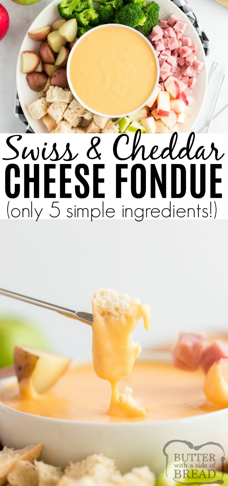 Swiss & Cheddar Cheese fondue is an easy appetizer recipe that is perfect for holiday dinners, parties and family gatherings! This delicious fondue recipe comes together in just a few minutes with a few simple ingredients - it is so easy to make and everyone loves it!