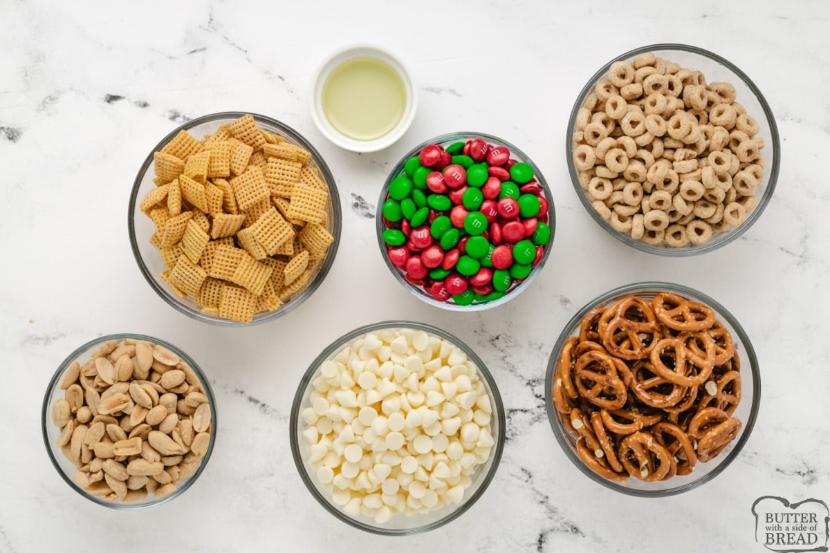 Ingredients in White Chocolate Chex Mix.