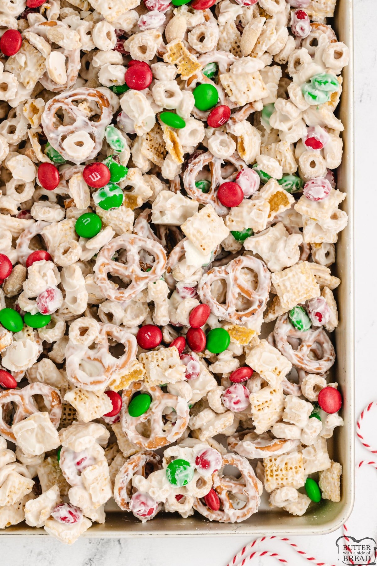 White Chocolate Chex Mix with M&Ms. 