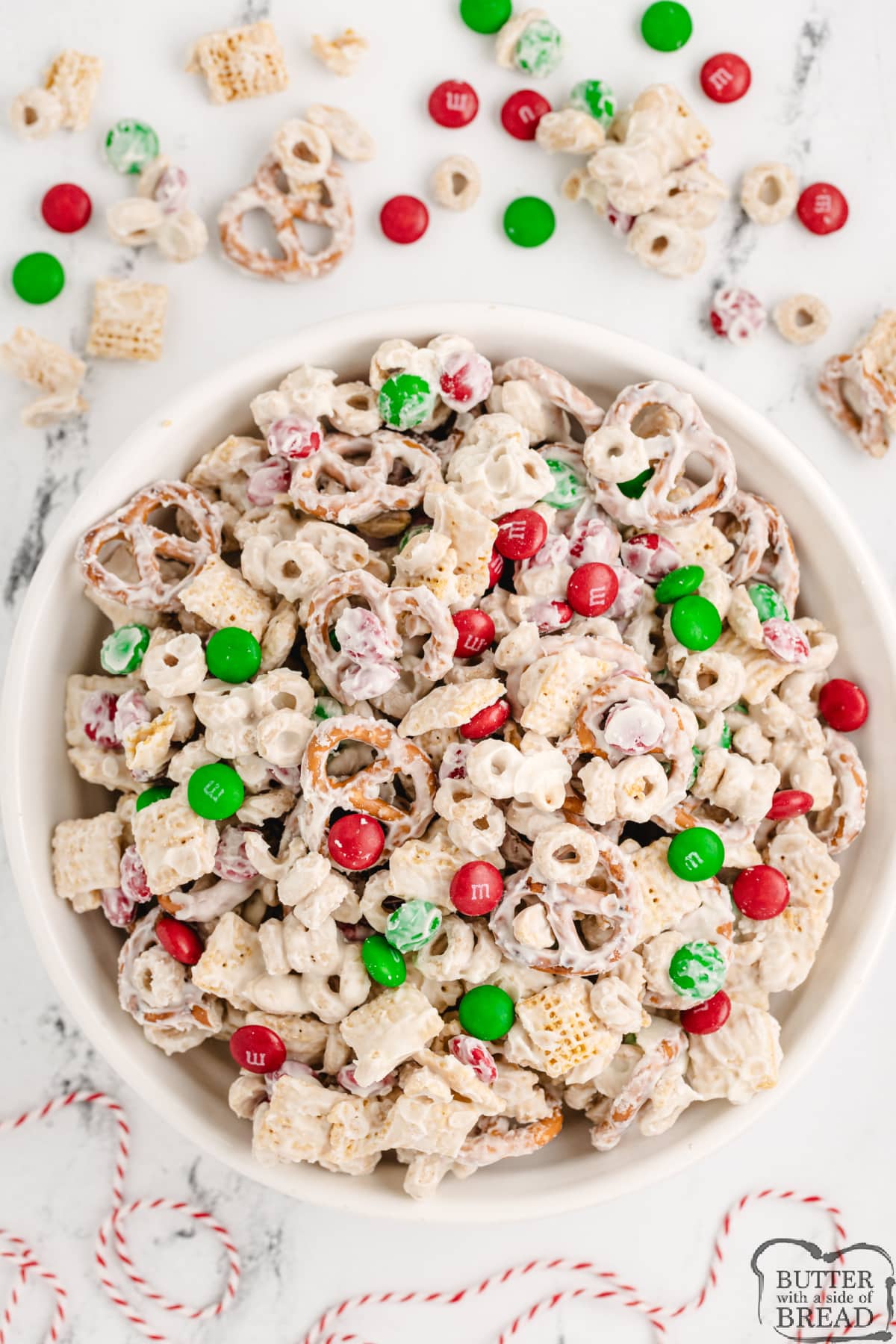 Pretzels, Chex, Cheerios, M&Ms mixed with white chocolate. 