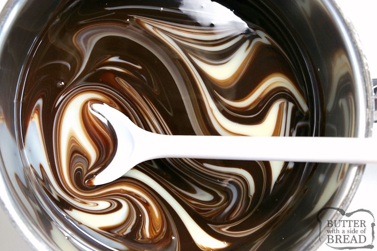 Making chocolate fondue with chocolate syrup and sweetened condensed milk