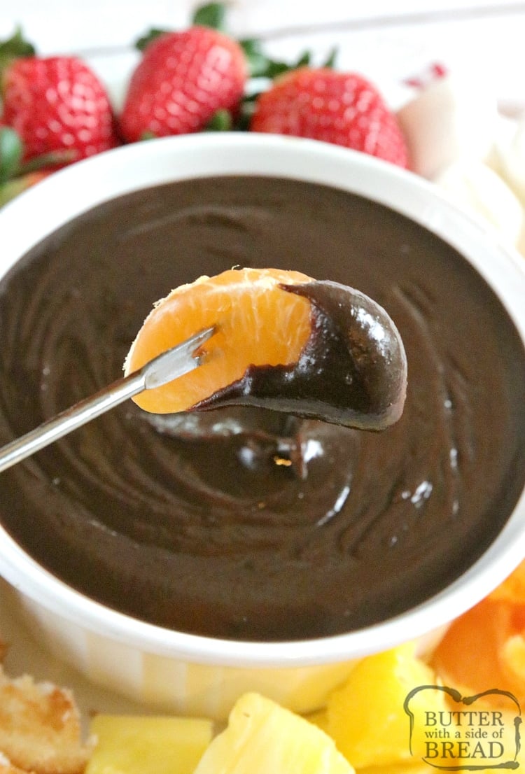 Easy Chocolate Fondue is made on the stove with only 3 ingredients and is the most delicious dessert for all occasions! This easy chocolate fondue recipe is perfect for dipping all of your favorite fruits and dippers.