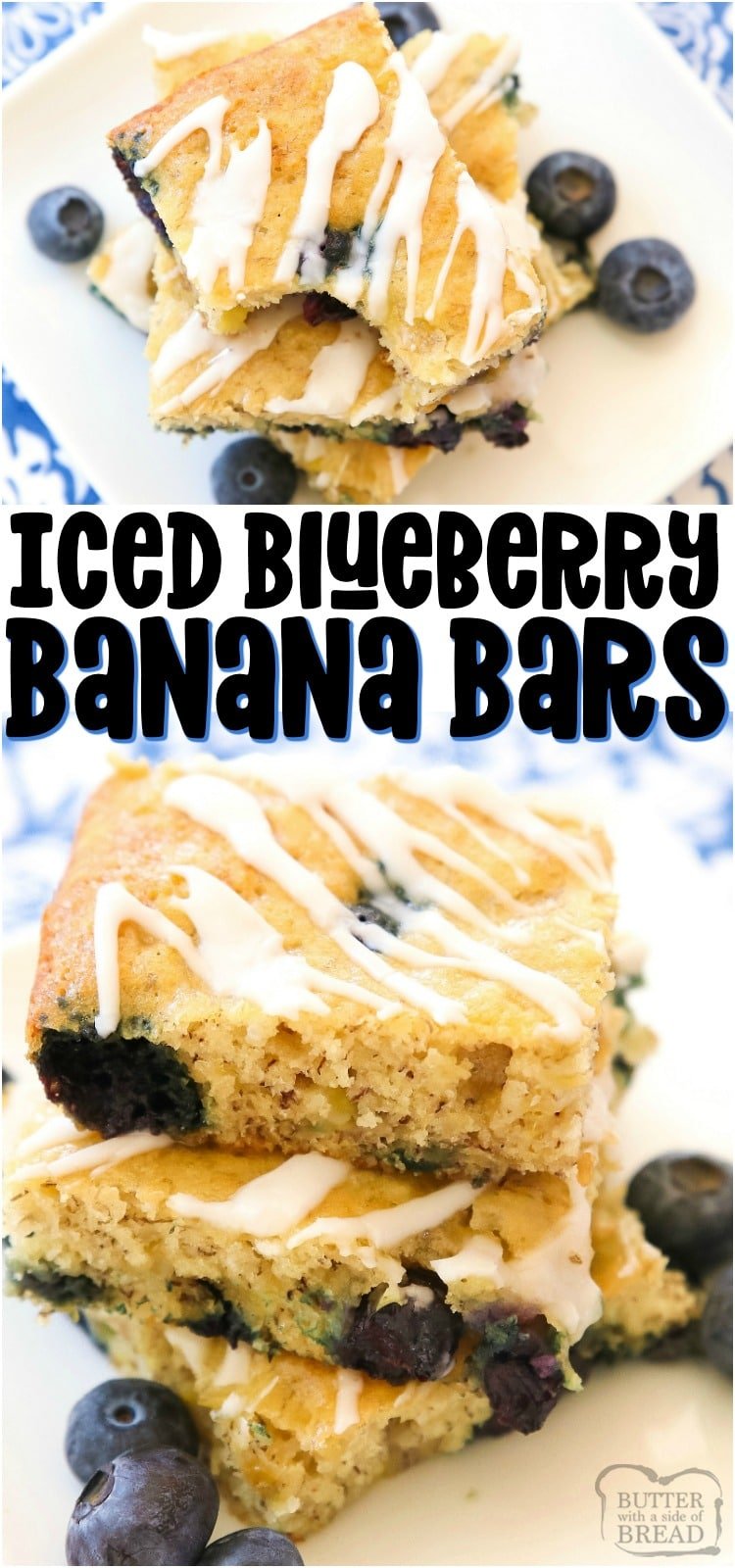 Glazed Blueberry Banana Bars are a simple & delicious ripe banana recipe that’s even better than banana bread! Great for breakfast, lunch, snacking, and it even makes a great dessert! #banana #blueberries #bananabars #baking #snack #recipe from BUTTER WITH A SIDE OF BREAD