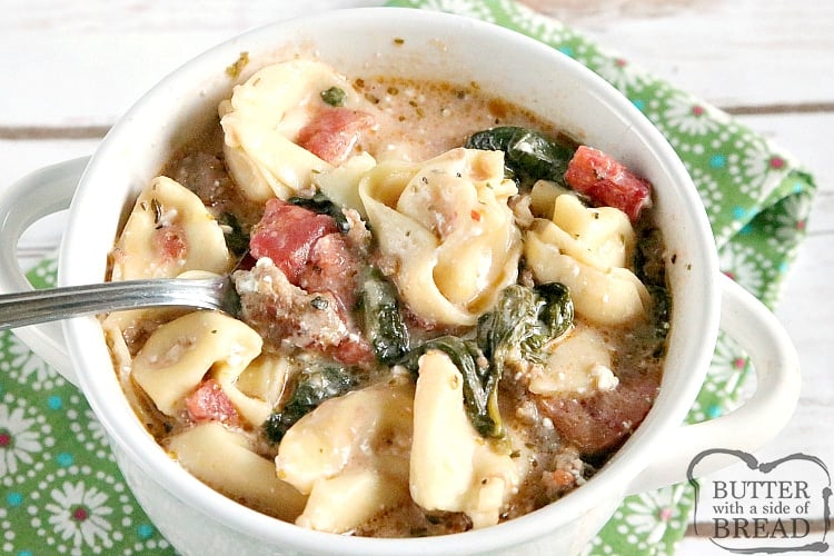 Bowl of sausage soup with tortellini