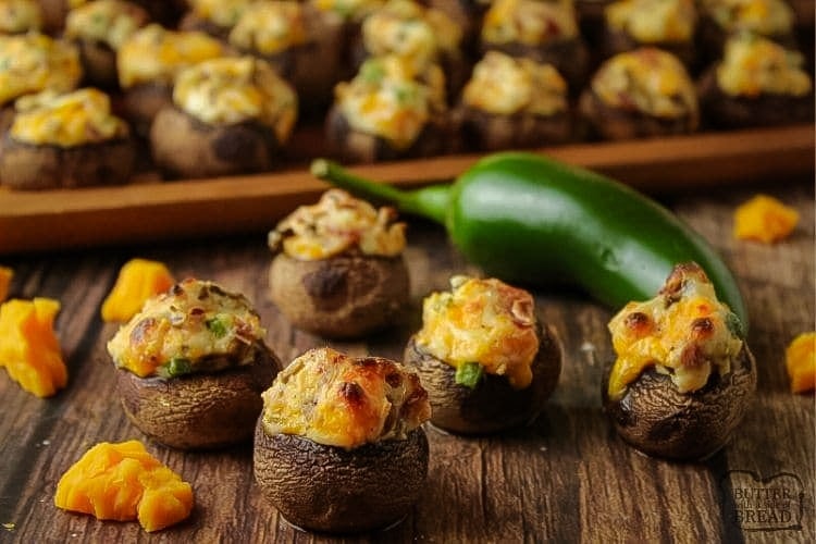 Stuffed Mushrooms are the perfect, simple appetizer. Filled with bacon, cheddar cheese, jalapeno and cream cheese, this finger food won't last long!