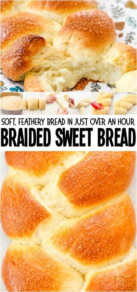 Braided sweet bread is a delicious and gorgeous homemade bread that looks as good as it tastes. With a sweetened golden top crust and fluffy bread inside, you’re going to love this sweet bread recipe.
