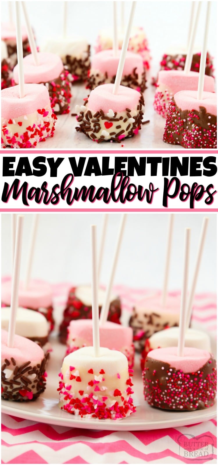 Easy Valentines Marshmallow Pops are the perfect last minute Valentines Day treats! Made fast with just 4 ingredients & great for kids. Marshmallows dipped in chocolate and covered in Valentines sprinkles. #Valentines #chocolate #dessert #marshmallows #sprinkles #ValentinesDay #treat from BUTTER WITH A SIDE OF BREAD