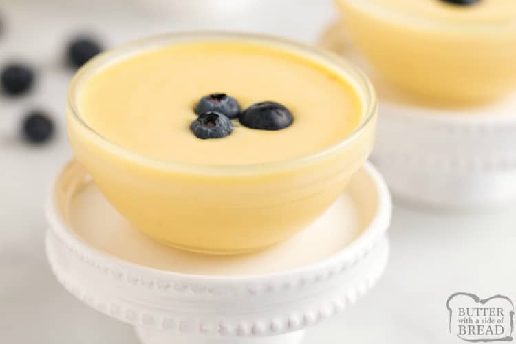 Homemade pudding served with blueberries