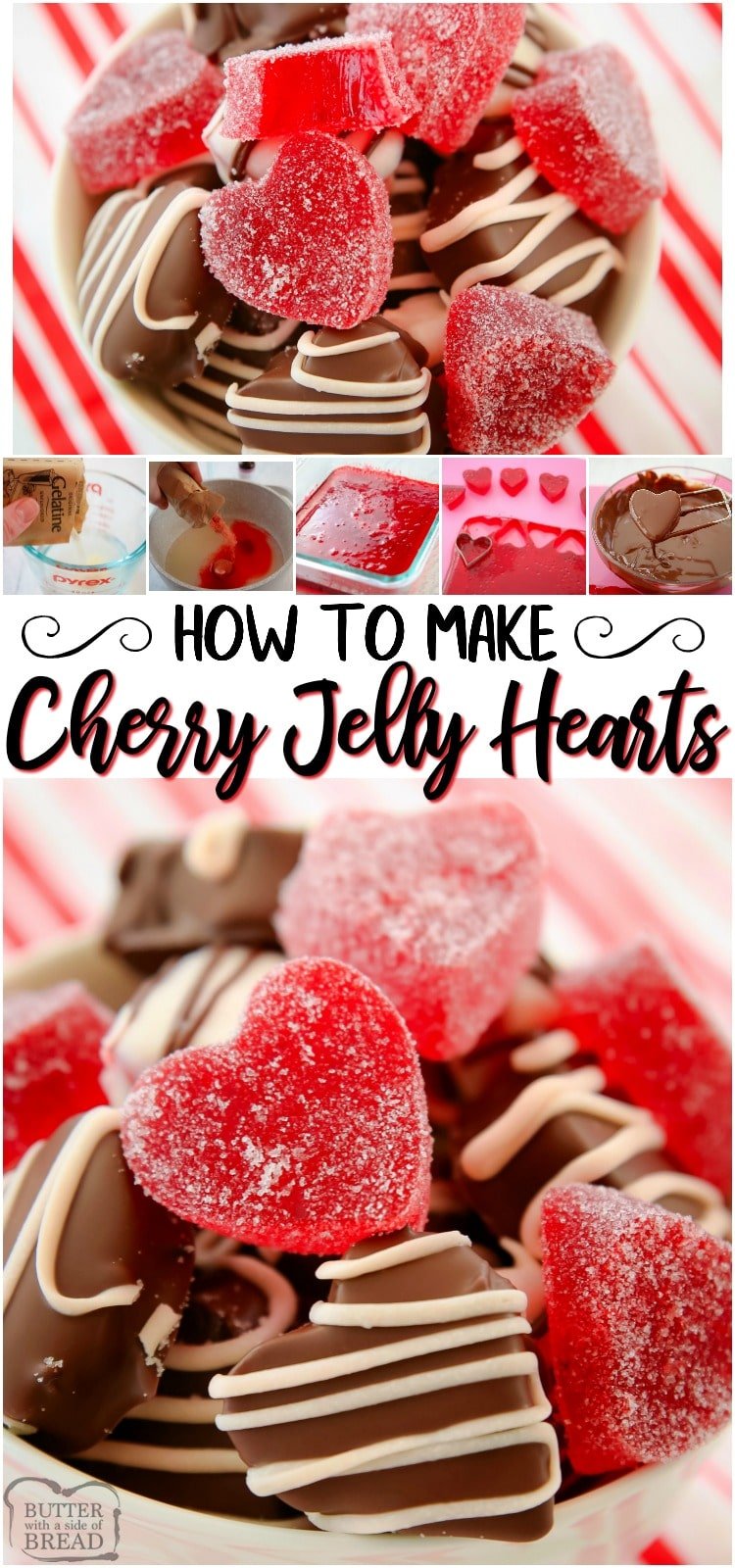 Cherry Jelly Hearts recipe for a fun & tasty take on popular jelly heart candy! Jelly Candy covered in white or dark chocolate or sugar. Cute for Valentine's Day or anytime.