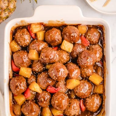 pan of pineapple teriyaki meatballs