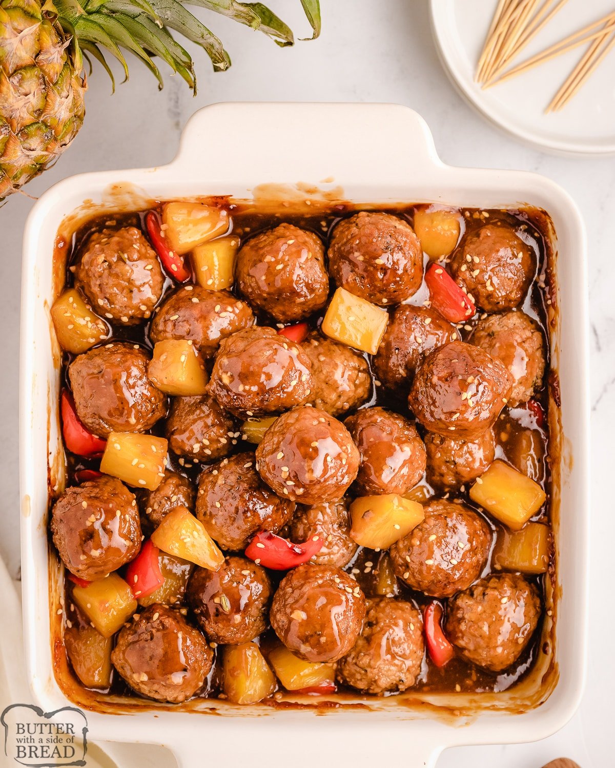 pan of pineapple teriyaki meatballs