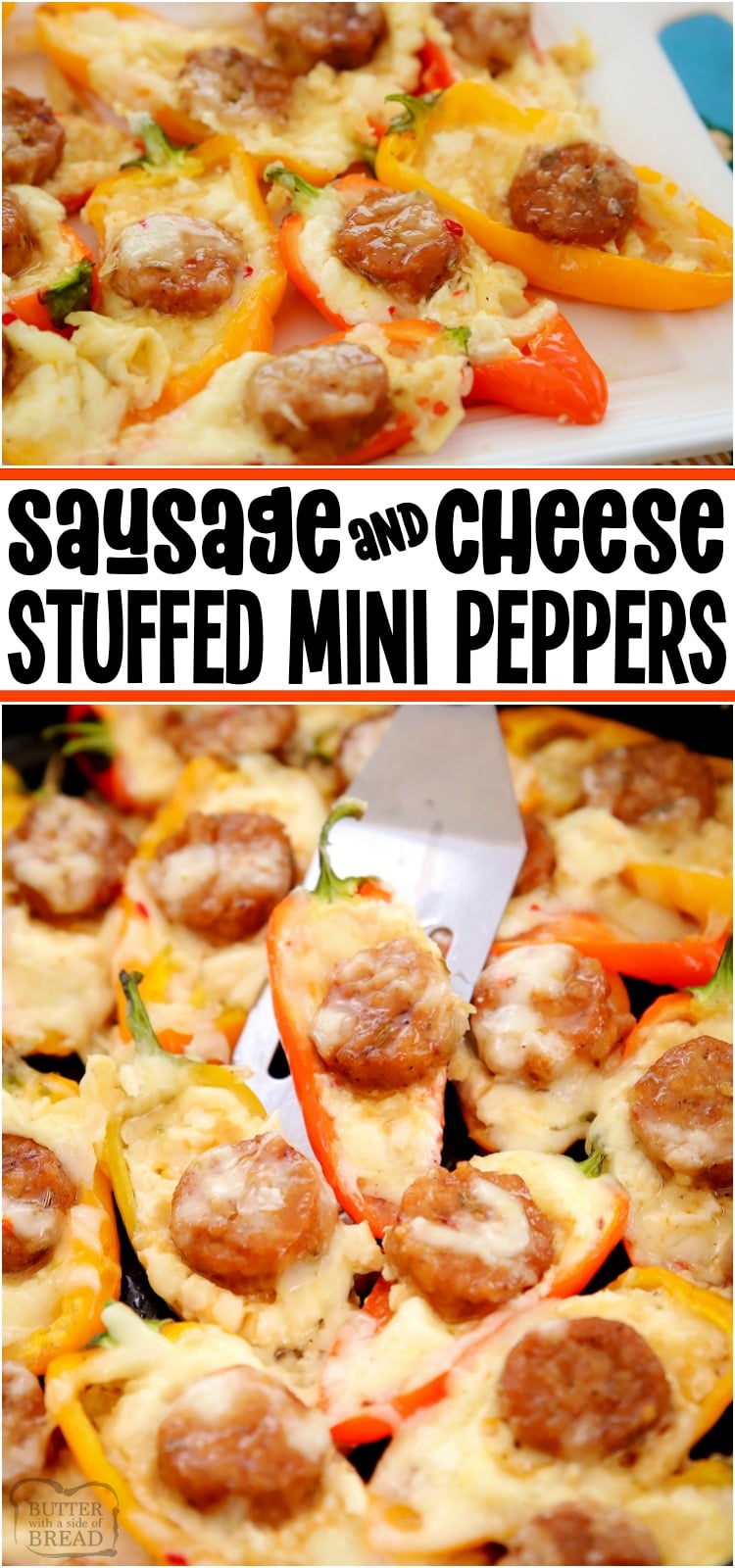 Stuffed Mini Peppers filled with Italian Sausage, cream cheese and Pepper Jack for a hearty, flavorful appetizer everyone loves! #peppers #minipeppers #stuffedpepper #ItalianSausage #Cheese #appetizer #recipe from BUTTER WITH A SIDE OF BREAD