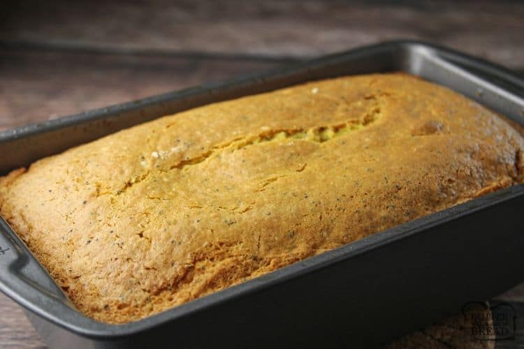 lemon poppy seed bread in a loaf pan