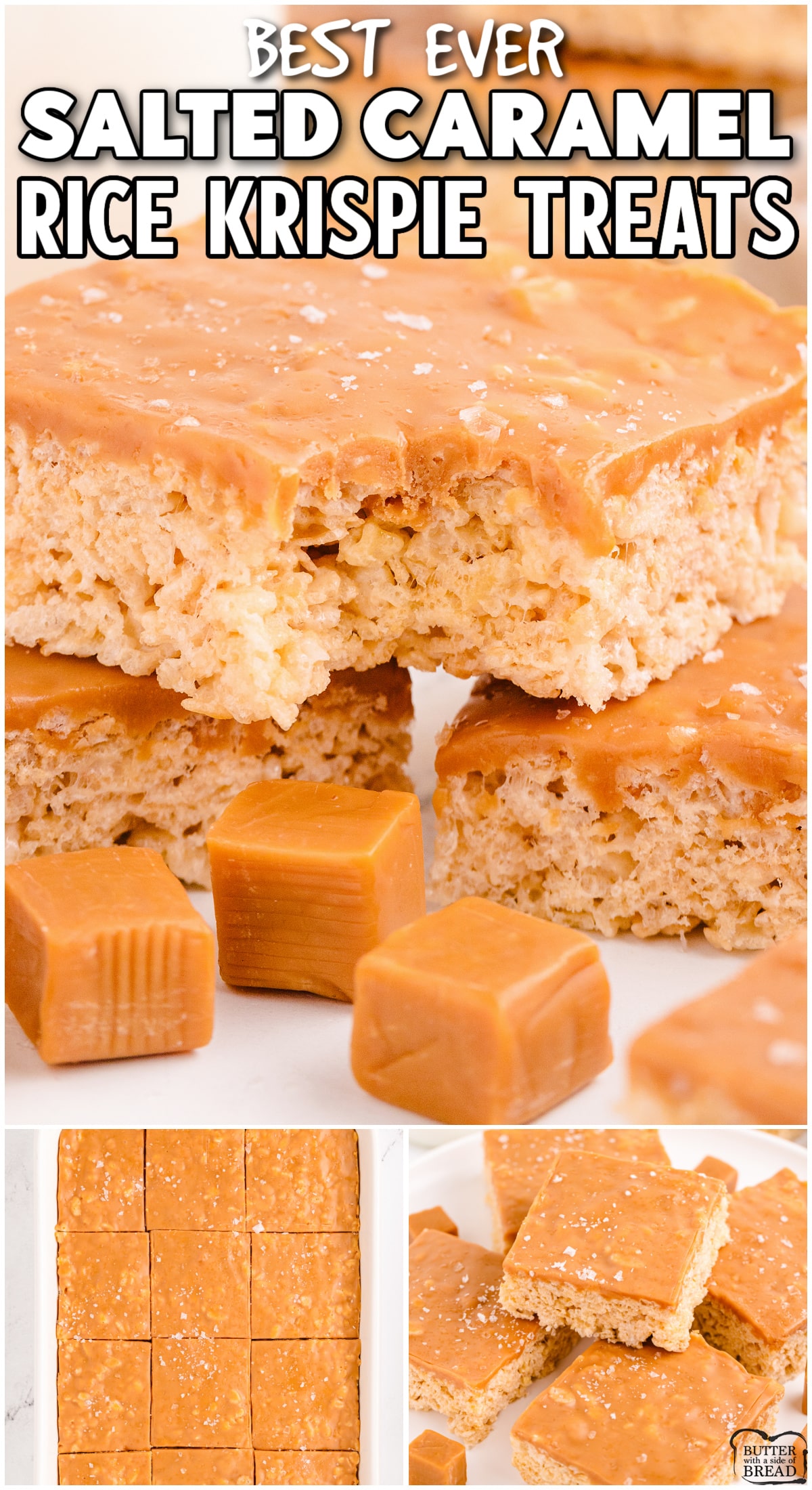 Salted Caramel Rice Krispie Treats combine rich, gooey caramel & a hint of sea salt with the classic  marshmallow rice krispie treats for a decadent take on a classic recipe!
