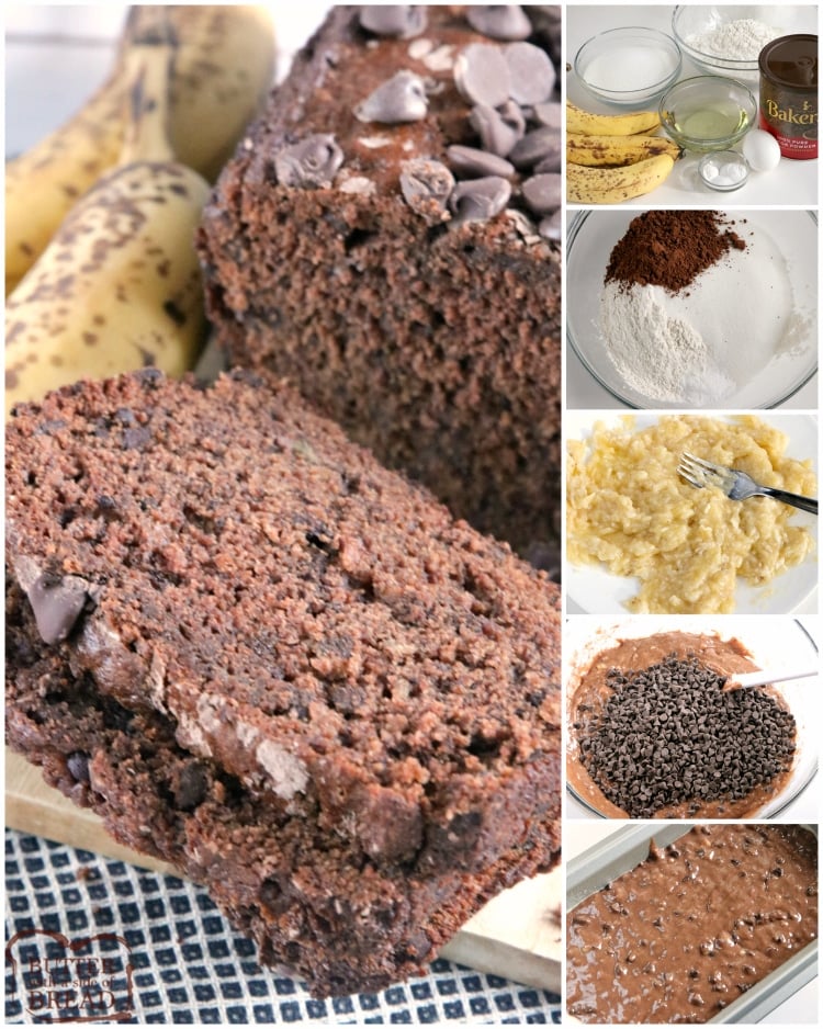 Step by step instructions on making banana bread with chocolate chips and cocoa
