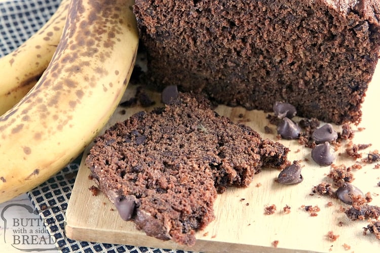 Double Chocolate Banana Bread is moist, delicious and packed with ripe bananas and chocolate chips. This simple quick bread recipe takes traditional banana bread to a whole new level!