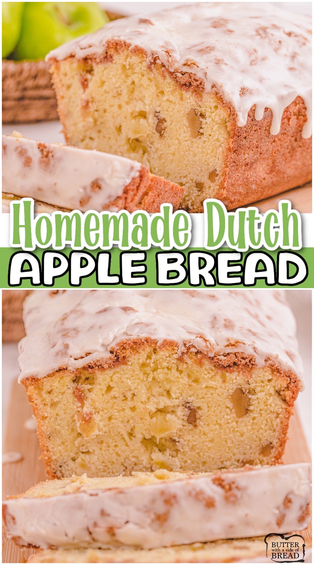 Dutch Apple Bread is made from scratch with butter, sugar and fresh apples. This apple quick bread recipe has amazing flavors and is topped with a cinnamon streusel and drizzled with warm vanilla glaze.