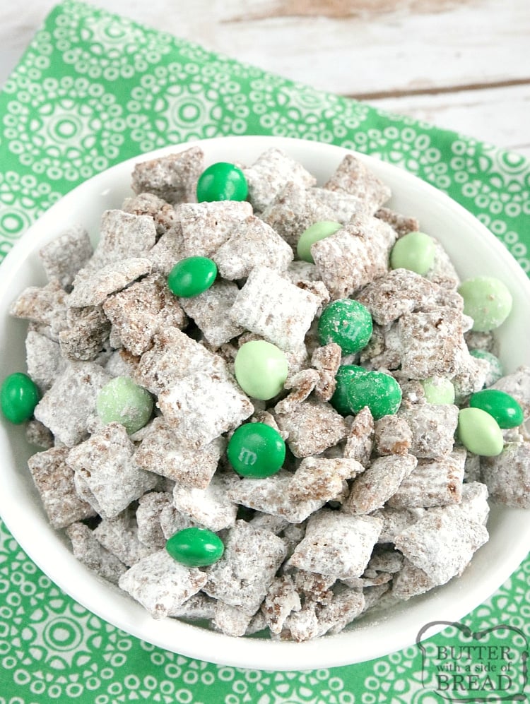 Mint Muddy Buddies are made in just a few minutes with only 5 ingredients! The chocolate mint coating is made by melting Andes mints - so easy and delicious!