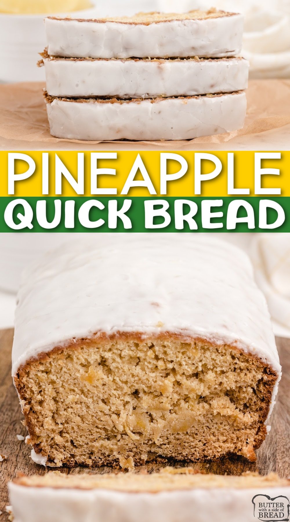 Pineapple Quick Bread is sweet, moist and absolutely delicious, especially with a simple pineapple glaze on top! This quick bread recipe is made with crushed pineapple, cream cheese, sour cream and a few other basic ingredients.
