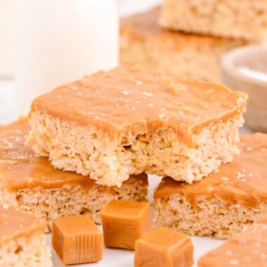 salted caramel rice krispie treats with a bite taken out