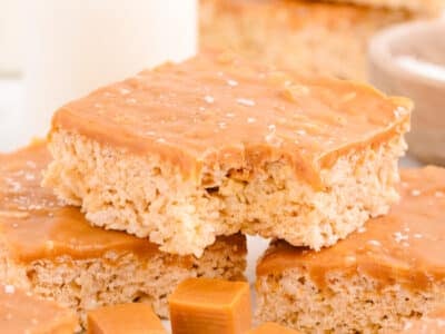 salted caramel rice krispie treats with a bite taken out