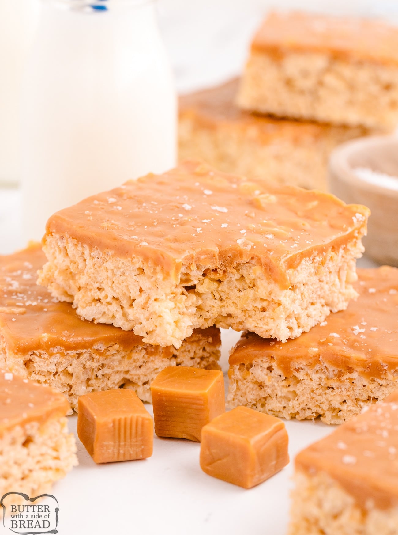 salted caramel rice krispie treats with a bite taken out