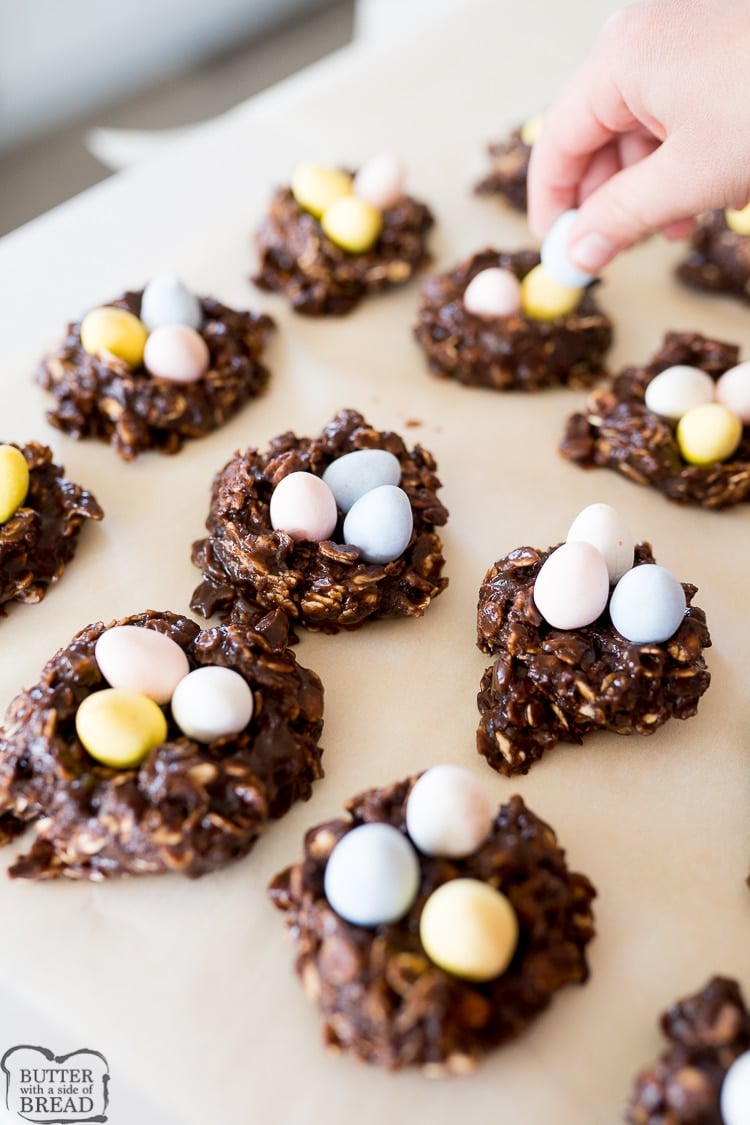 adding chocolate eggs to the cookies