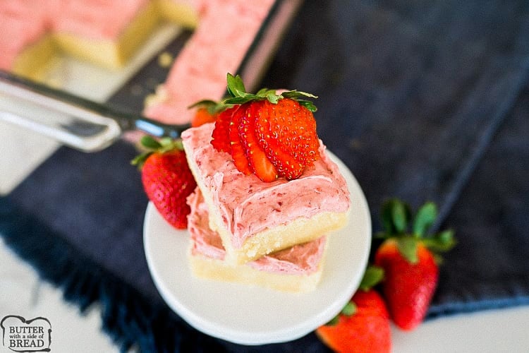 Sugar Cookie Bars with Strawberry Frosting is the perfect spring-time dessert! The fruity frosting is the perfect way to level up your dessert!