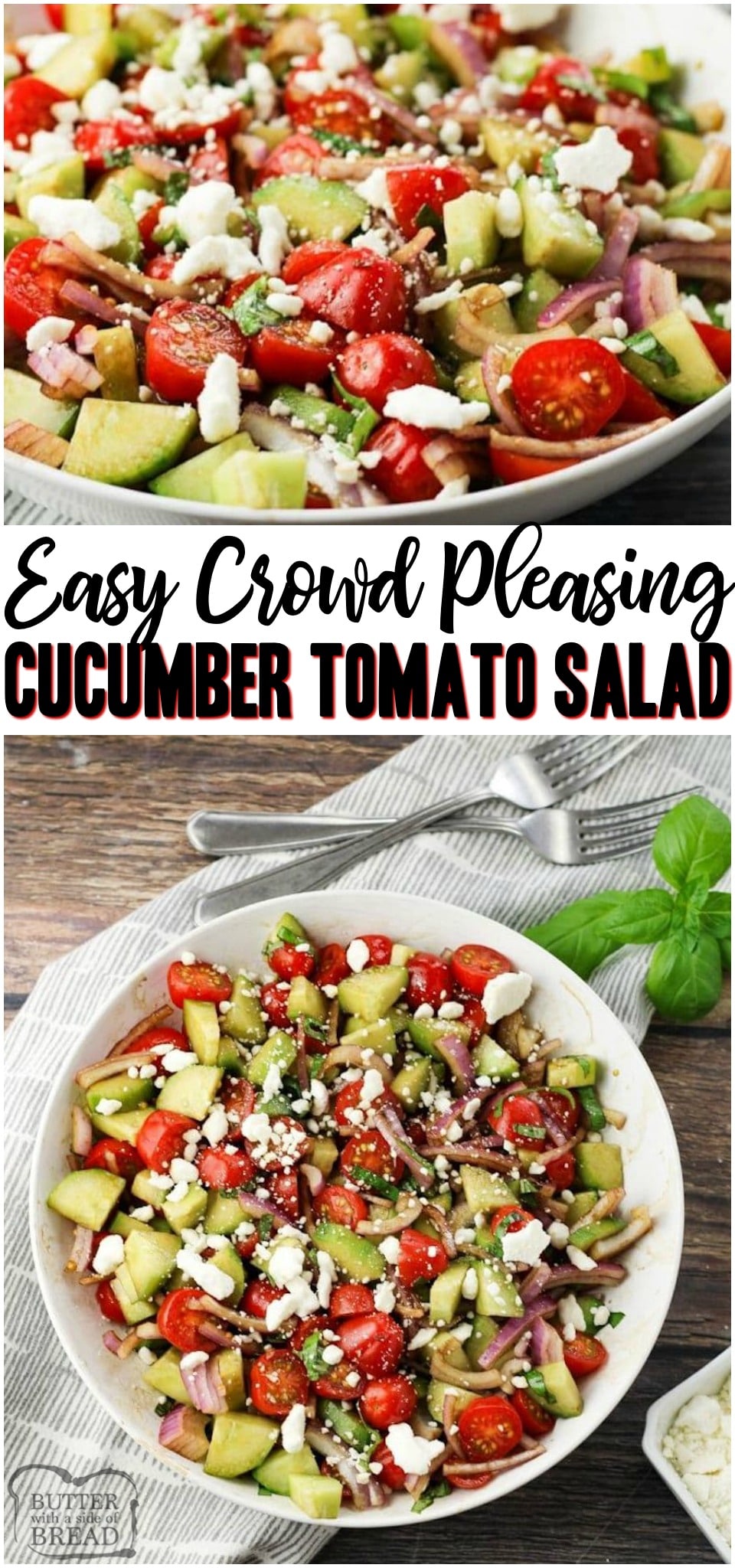 Cucumber and Tomato Salad is a simple, healthy salad made in minutes with just 8 ingredients! Fresh flavors and tangy dressing make this easy salad recipe a hit! #salad #veggies #cucumber #tomato #vinaigrette #recipe from BUTTER WITH A SIDE OF BREAD 
