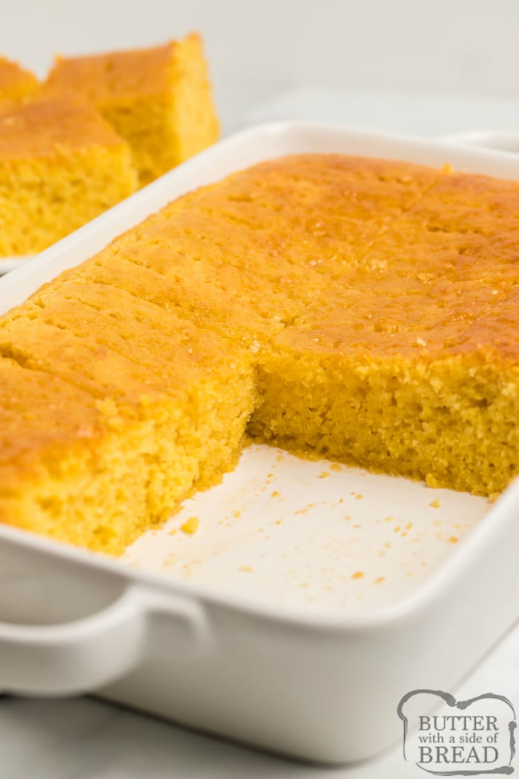 Homemade Cornbread recipe that is moist, slightly sweet and topped with a delicious honey butter. This easy cornbread recipe is made from scratch in one bowl with basic ingredients and it turns out perfectly every time.