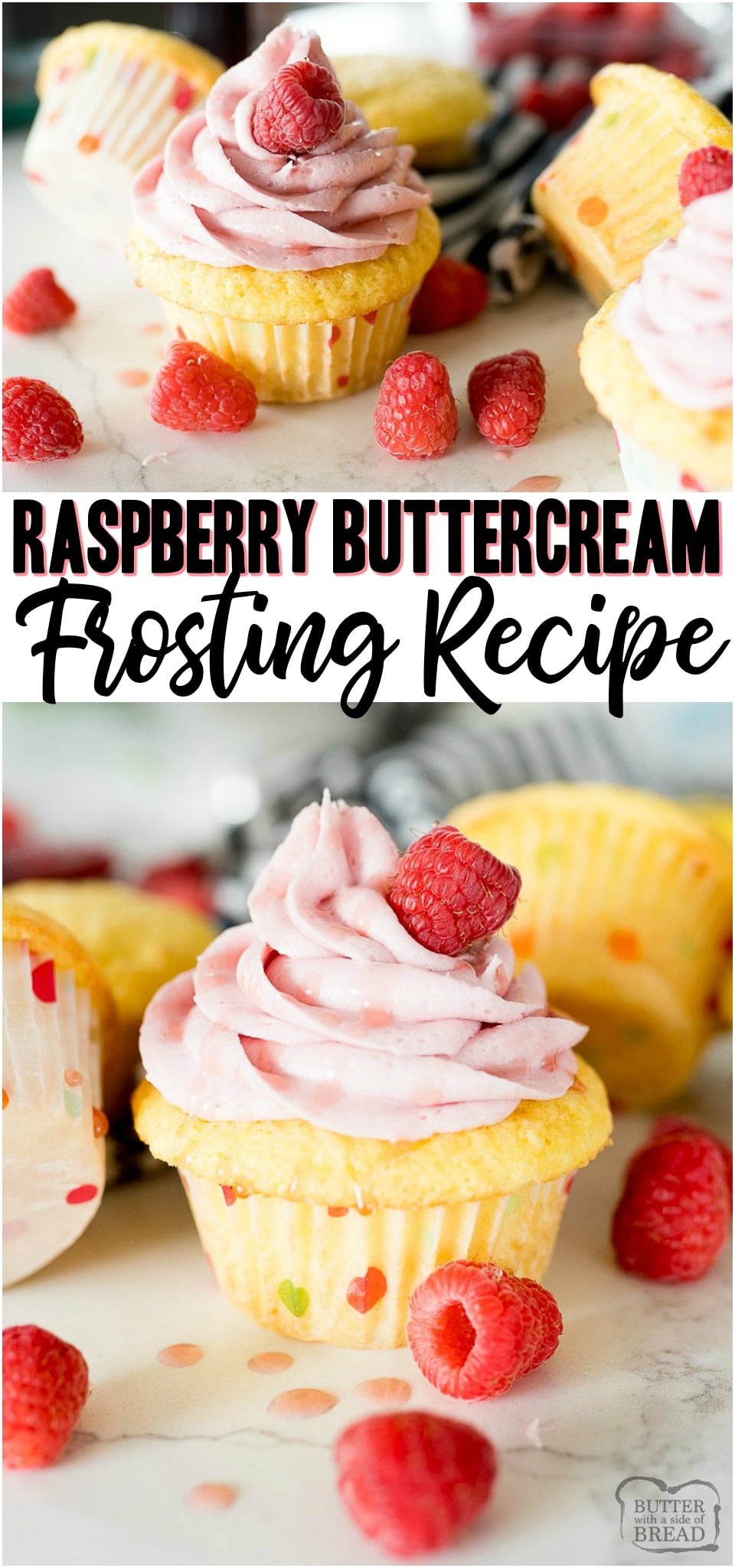 Raspberry Buttercream Frosting is a homemade frosting recipe made with butter, powdered sugar and raspberry jam! Perfect for topping cakes, cupcakes, or sweet rolls!