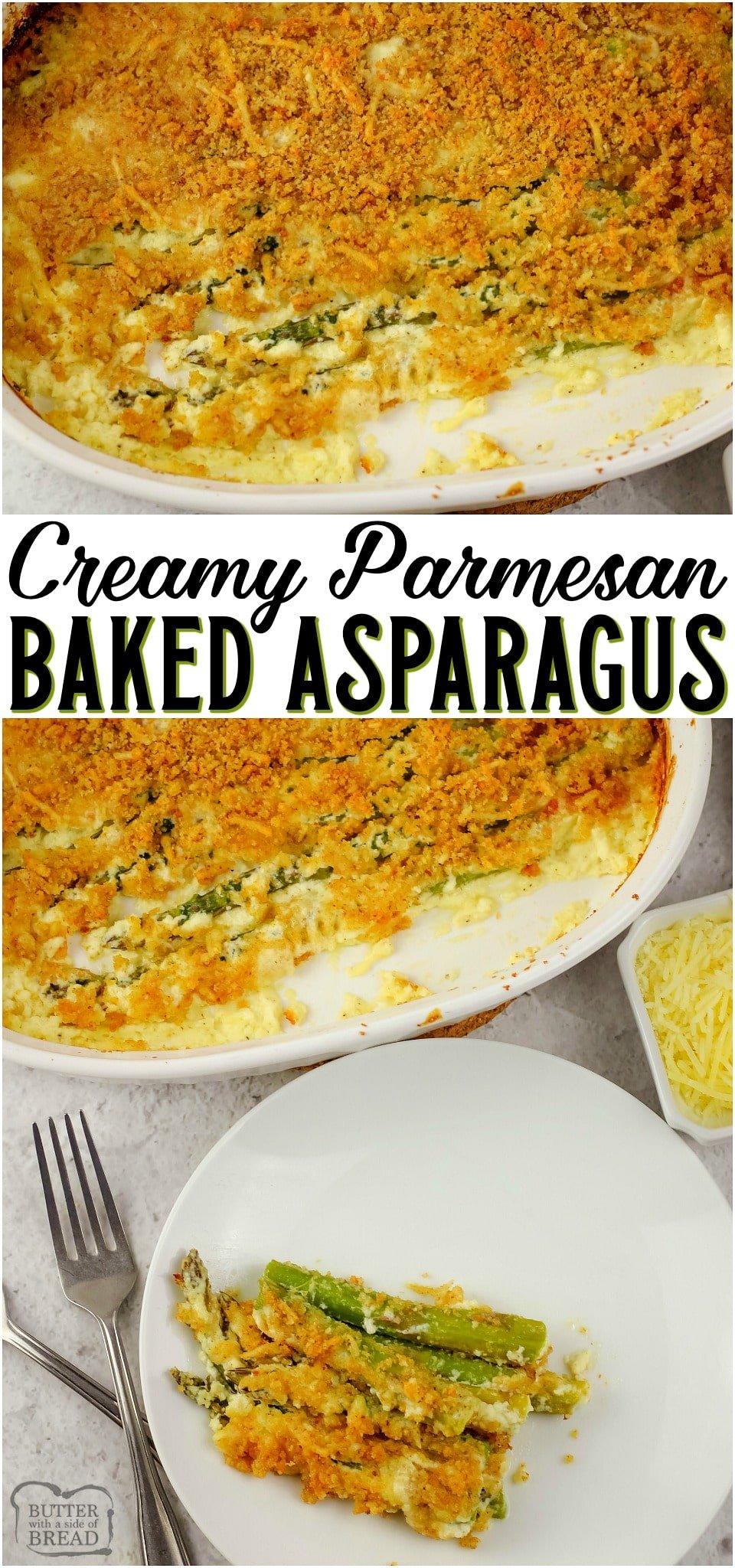 Creamy Baked Asparagus is a cheesy side dish made with fresh asparagus & parmesan cream sauce. Easy baked asparagus topped with bread crumbs and butter for a toasty crunch.