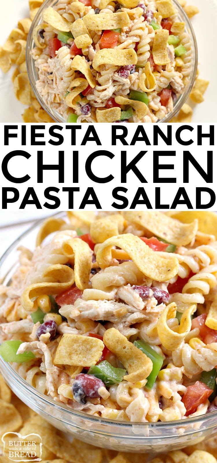 My family's favorite summer meal!!! Fiesta Ranch Chicken Pasta Salad is full of fresh southwestern flavors with black beans, corn, cheese and tomatoes. This hearty chicken pasta salad recipe topped with Fritos is perfect as a main dish or a side dish for potlucks and parties!