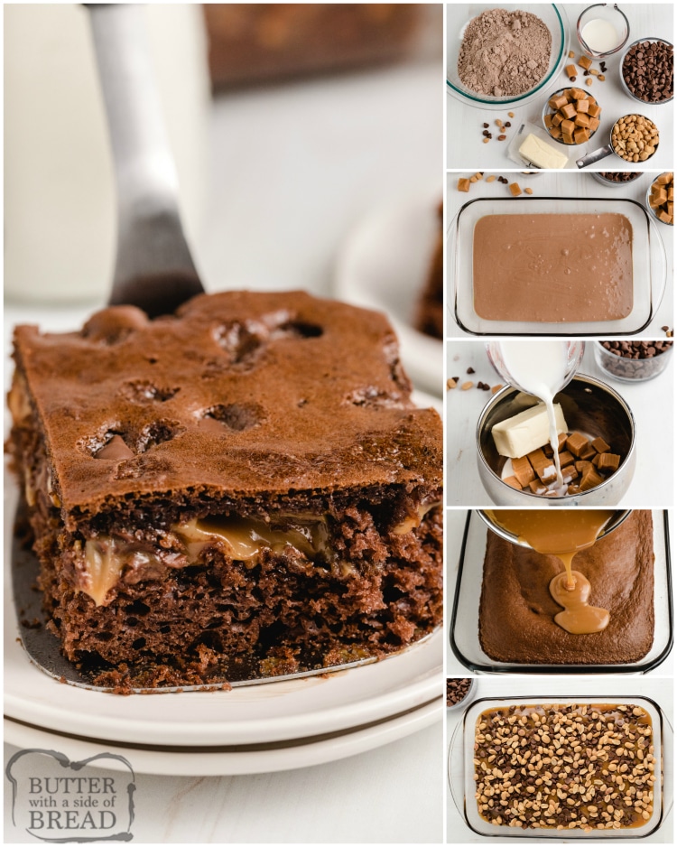 Step by step instructions on making Snickers cake