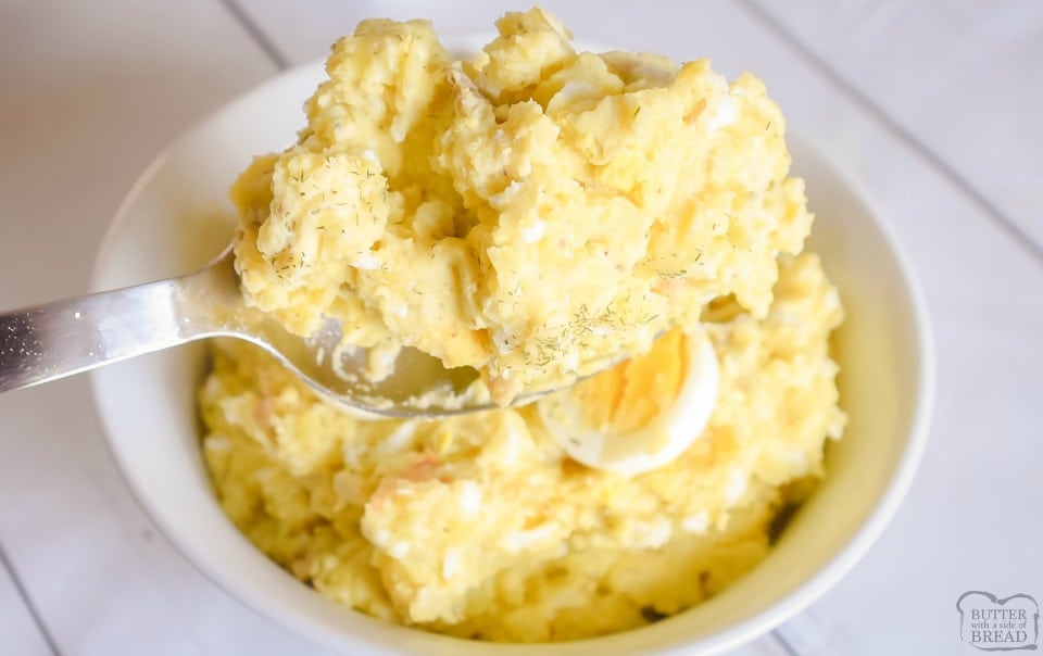 Southern Potato Salad recipe perfect for summer bbq's and get-togethers! Easy potato salad made with Yukon gold potatoes, hard boiled eggs and a simple tangy dressing.
