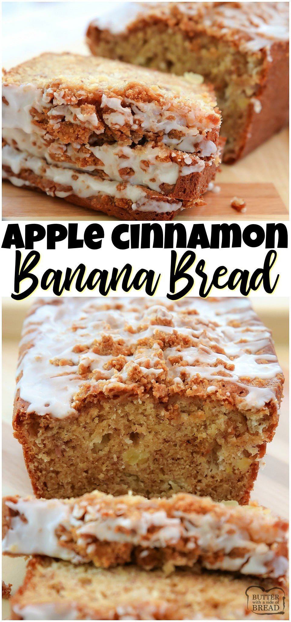 Apple Banana Bread made with ripe bananas and diced sweet apple, topped with a cinnamon streusel and drizzled with icing. Our favorite banana bread recipe ever!