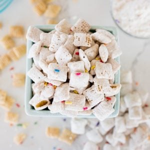 Funfetti Chex Mix is a sweet & crunchy, no bake cereal dessert that is loaded with that birthday cake flavor. With only 5 ingredients and about 5 minutes of work, this is you're new go-to Chex mix!