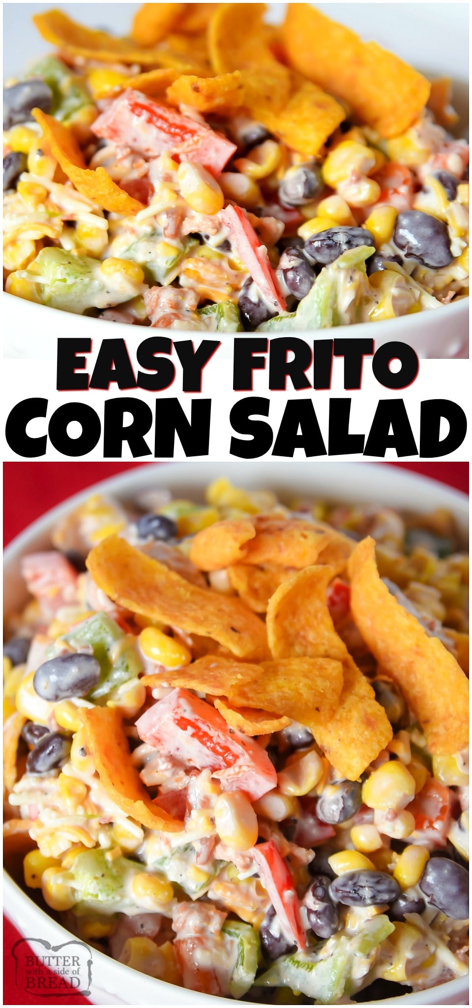 Frito Corn Salad is a simple & flavorful summer salad perfect for any potluck or BBQ. It is packed full of fresh vegetables, cheese, bacon & crunchy Frito chips that are hard to resist!