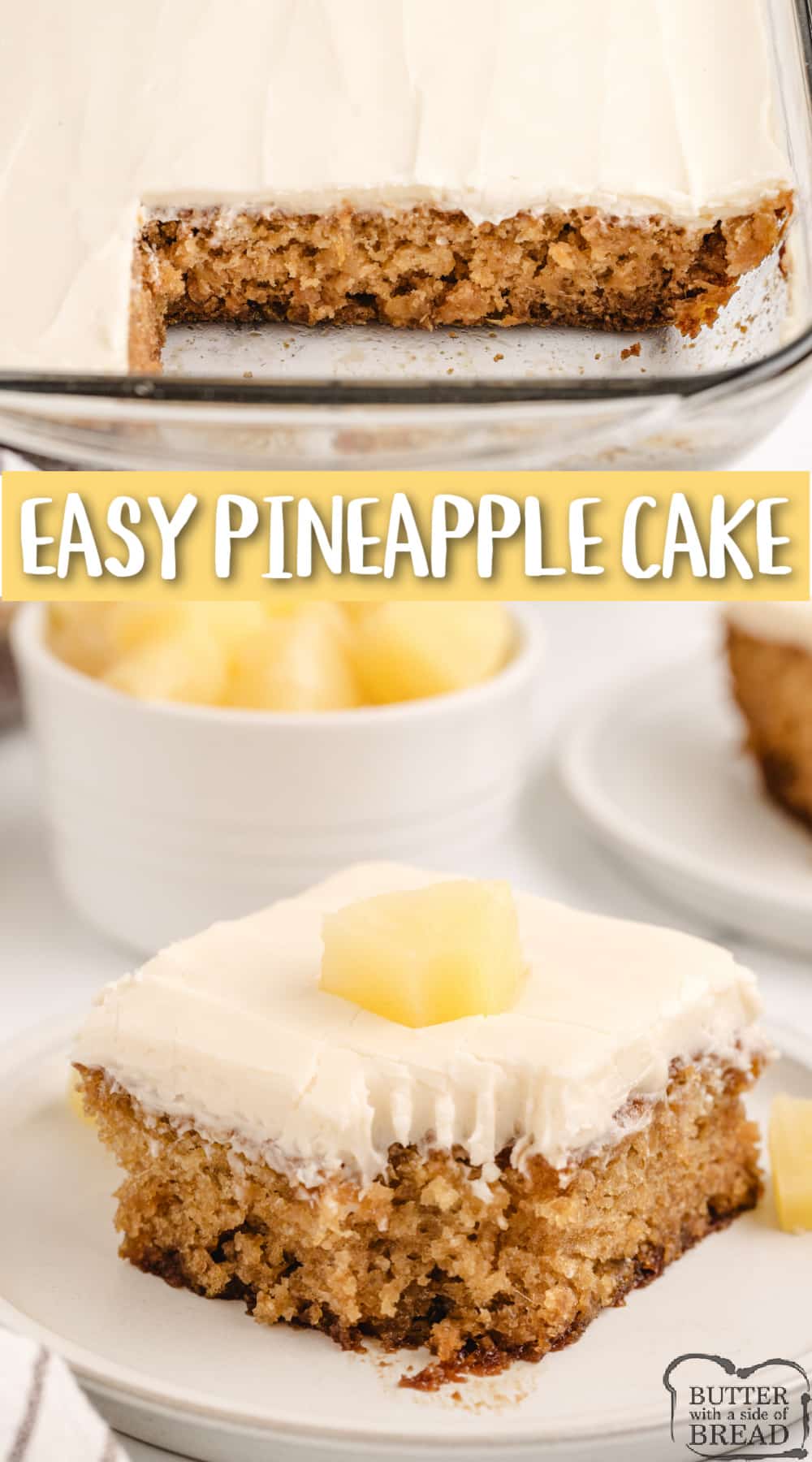 Easy Pineapple Cake made from scratch with crushed pineapple, then topped with a simple cream cheese frosting. This easy cake recipe is perfectly moist and full of flavor!