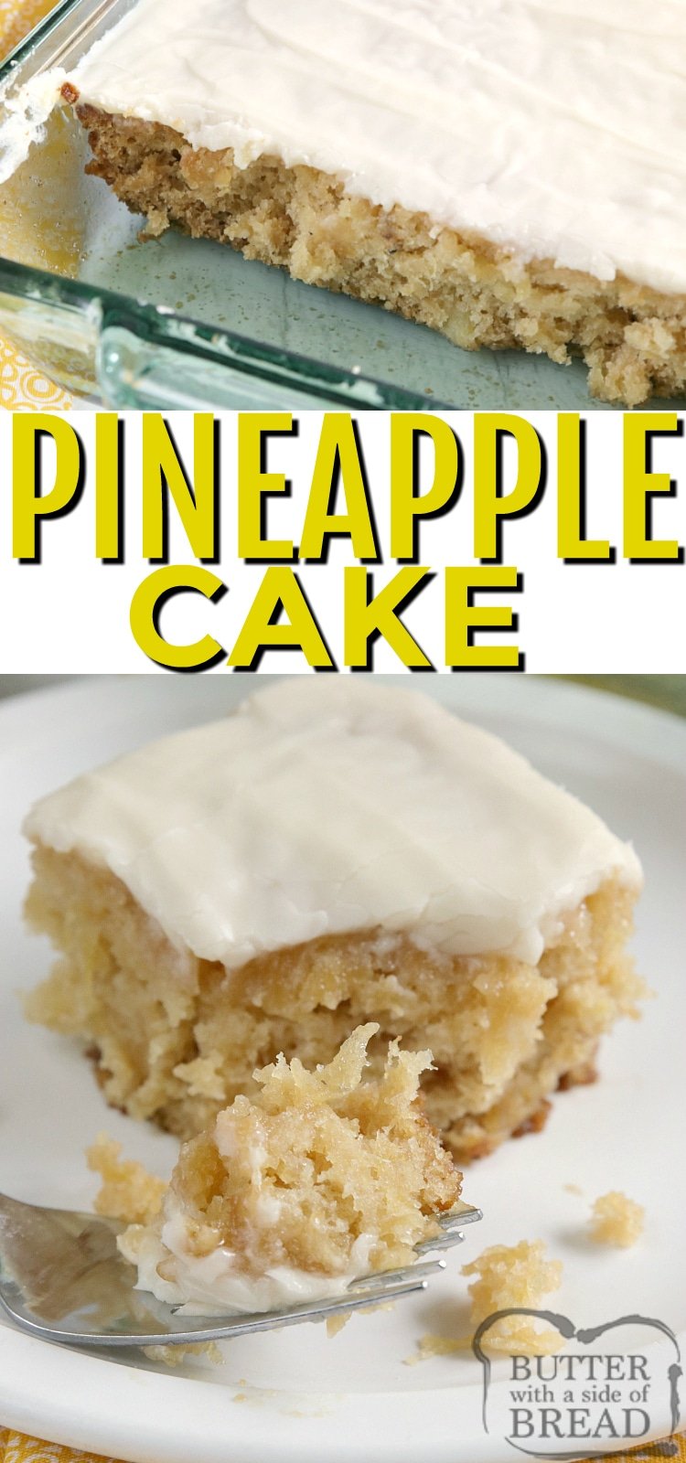 Easy Pineapple Cake made with crushed pineapple, then topped with a simple cream cheese frosting. This easy cake recipe is perfectly moist and full of flavor!