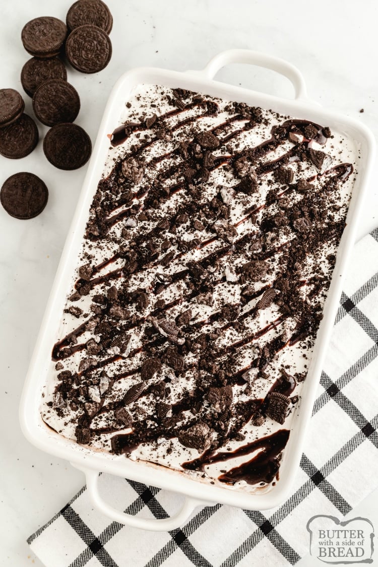 Layered Oreo Pudding Dessert is an easy dessert recipe made with Oreo cookies, cream cheese and chocolate and vanilla pudding! This dessert recipe is served cold - it's perfect for summer!