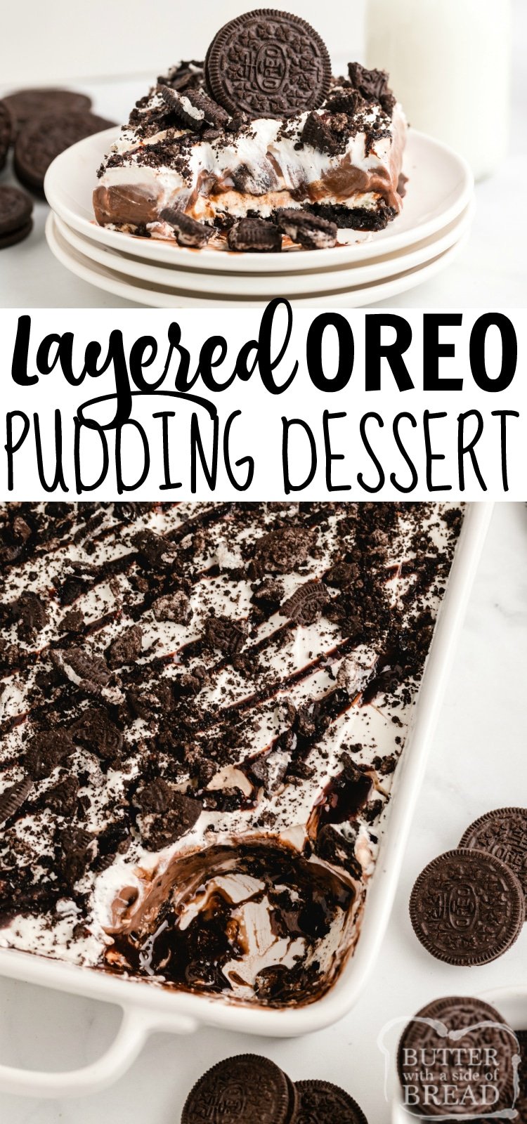 Layered Oreo Pudding Dessert is an easy dessert recipe made with Oreo cookies, cream cheese and chocolate and vanilla pudding! This dessert recipe is served cold - it's perfect for summer!