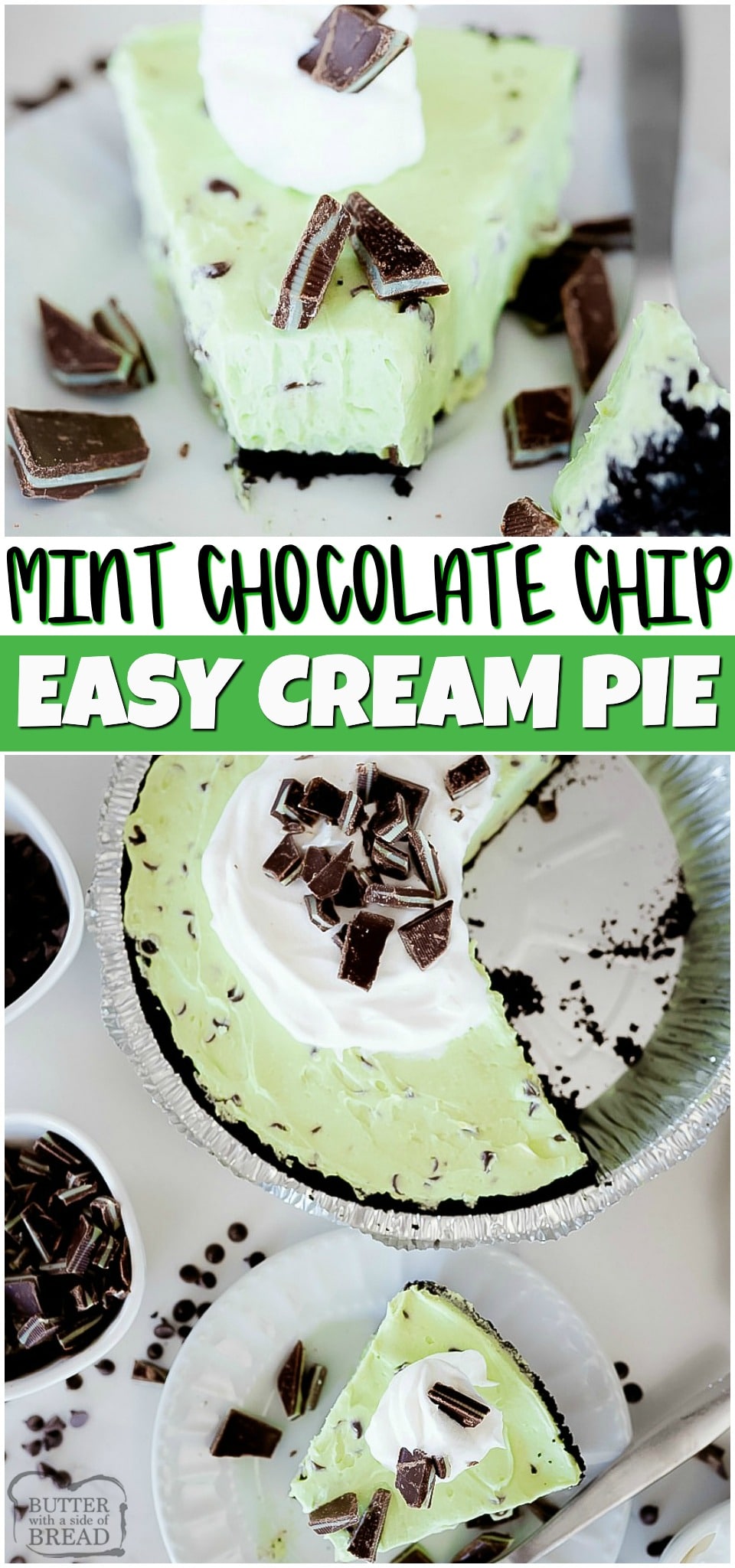 Mint Chocolate Chip Cream Pie is a creamy mint pie loaded with chocolate chips! This easy pie recipe has smooth mint cream filling mixed with chocolate chips & Andes mints all in an Oreo pie crust. Chocolate Mint lovers rejoice!