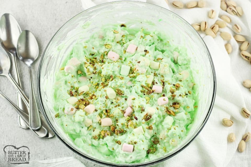 green pudding salad with colorful marshmallows