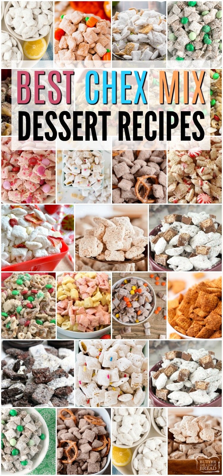 Chex Mix Dessert Recipes for everyone to enjoy! This compilation of our favorite Chex Mix Dessert Recipes from Lemon Muddy Buddies to Easy Peppermint Chex Mix is sure to be just what you're wanting for summer fun or holiday parties! #chexmix #dessertrecipes #yummysnacks #recipe from BUTTER WITH A SIDE OF BREAD