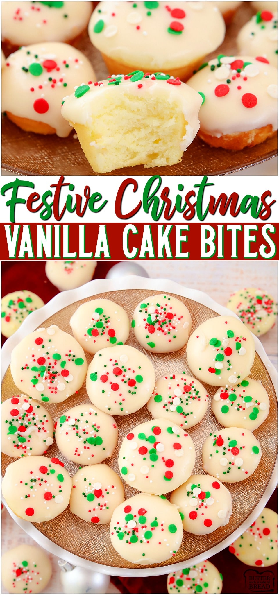 Easy Vanilla Cake Bites are simple glazed bite-sized treats that are so easy to make! Super cute & beyond tasty, these vanilla cake bites will be the hit of the party! These cute, festive treats are perfect for Christmas!